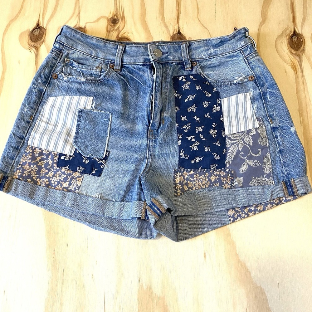 Patchwork Denim Shorts Womens 10 Distressed American Eagle High Rise Y2K